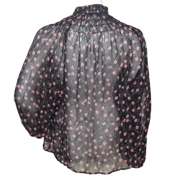 ELIZABETH & JAMES Blouse, L, Sheer Black/Pink Floral, Smocked Neck, Long sleeeve - Picture 5 of 12